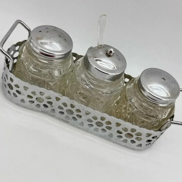 Vintage Salt, Pepper, & Mustard Jar Set In Basket Original Spoon Hong Kong - Picture 2 of 8